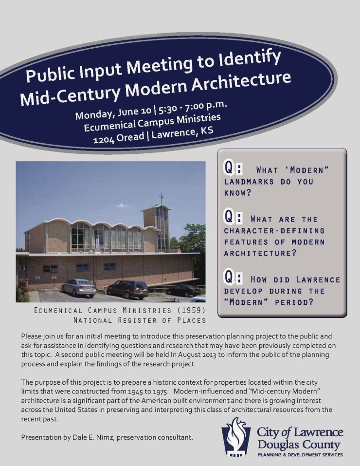 Public Meeting to Identify Mid-Century Modern Architecture in Lawrence, KS poster